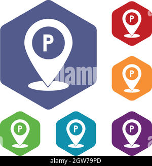 Map pointer with car parking sign icons set Stock Vector