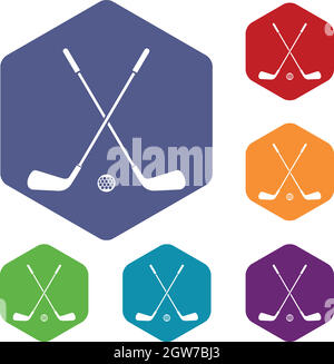 Two crossed golf clubs and ball icons set Stock Vector