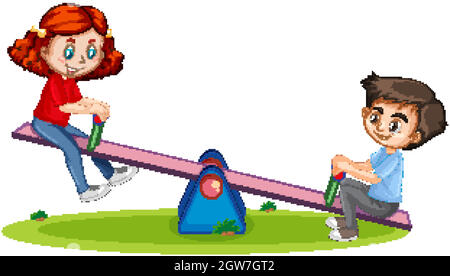 Cartoon character boy and girl playing seesaw on white background Stock Vector