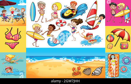 People doing different activities at seaside Stock Vector