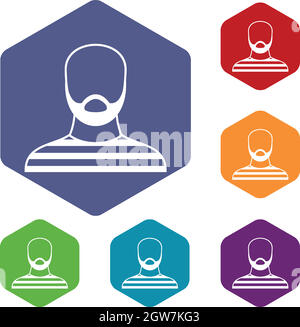 Bearded man in prison garb icons set Stock Vector