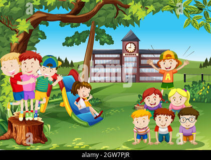 children playing together at school clipart