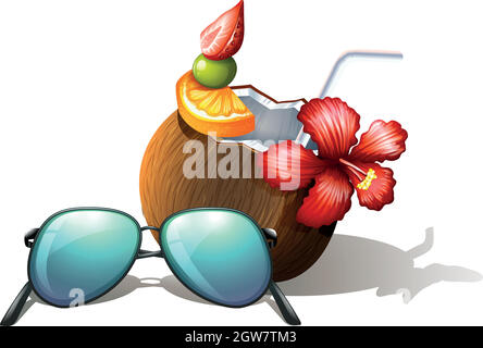 A refreshing drink and a sunglasses for a beach outing Stock Vector