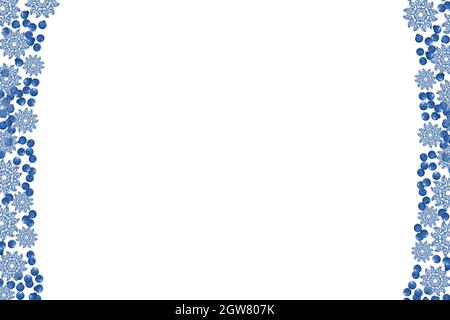Christmas banner with blue snowflakes and blueberry on white background. Empty paper shape. Winter cartoon flat illustration. Copy space. Holiday Stock Vector