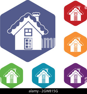 Small snowy cottage icons set Stock Vector