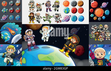 Astronauts and planets in solar system Stock Vector