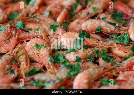 Fresh Boiled Prawns With Coriander. A Delicious Dish Of Seafood. Close Up. Top View
