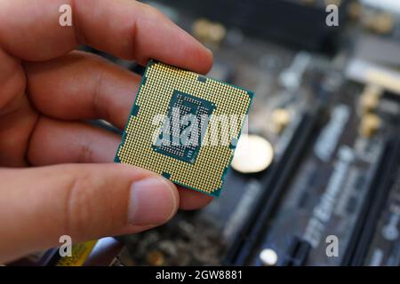 Working on the motherboard and pc processor Stock Photo
