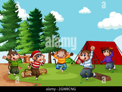 Five little monkey jumping in the park scene Stock Vector
