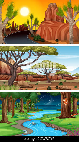 Set of different types of forest horizontal scenes Stock Vector