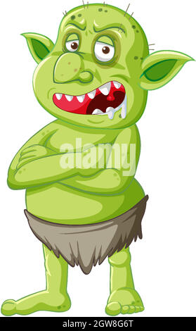 Green goblin or troll standing pose with anger face in cartoon character isolated Stock Vector