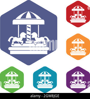 Carousel with horses icons set Stock Vector