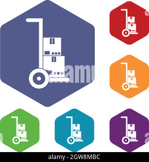 Hand cart with cardboards icons set Stock Vector