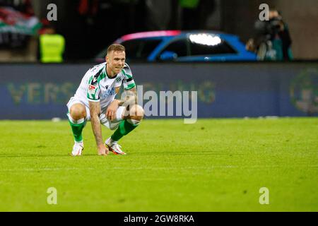 Nuremberg, Germany. 02nd Oct, 2021. Football: 2nd Bundesliga, 1. FC Nürnberg - Hannover 96, Matchday 9, Max-Morlock-Stadion Hannover's Marcel Franke can still smile after the 0:0 in Nürnbegr. Credit: Löb Daniel/dpa - IMPORTANT NOTE: In accordance with the regulations of the DFL Deutsche Fußball Liga and/or the DFB Deutscher Fußball-Bund, it is prohibited to use or have used photographs taken in the stadium and/or of the match in the form of sequence pictures and/or video-like photo series./dpa/Alamy Live News Stock Photo