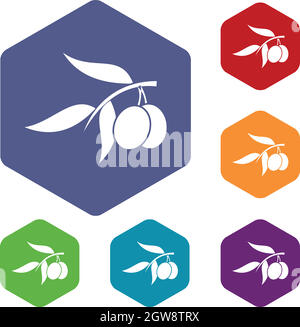 Olive tree branch with two olives icons set Stock Vector