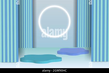 Background vector 3d blue rendering with podium and minimal blue wall scene, minimal abstract background 3d rendering abstract geometric shape blue pa Stock Vector