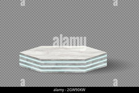 marble podium with neon glowing rings. conceptual scene stage showcase for new product, advertising sale, banner, discount, presentation, cosmetics. w Stock Vector