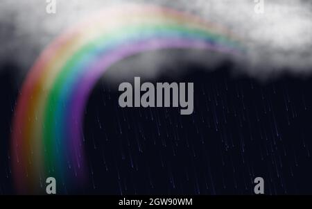 Rainbow with white clouds and rain on a dark background. Realistic vector illustration. EPS 10 Stock Vector