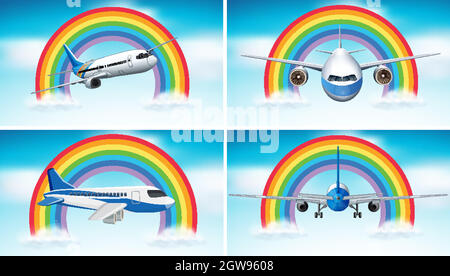 Four scenes of airplane flying in the sky with rainbow background Stock Vector