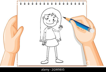 Hand writing of cute long hair girl outline Stock Vector