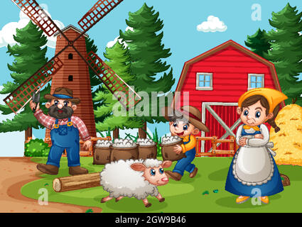 Happy family in farm scene in cartoon style Stock Vector