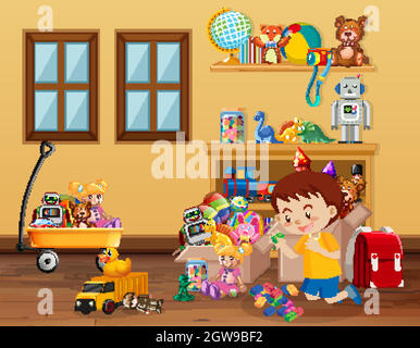 Scene with boy playing toys on the floor Stock Vector