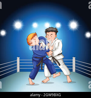 Two boys fighting judo wrestling on sport competition Stock Vector