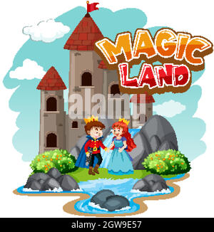 Font design for word magic land with prince and princess Stock Vector