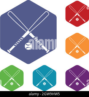 Crossed baseball bats and ball icons set Stock Vector
