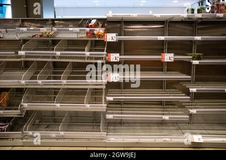 Empty shelf’s seen at supermarkets and shops. In the Netherlands due to the coronavirus majority of businesses are firm and security measures have been taken. Nevertheless, there is no containment, people remain free to go out. The government is aiming for herd immunity. Amsterdam, the Netherlands. Stock Photo