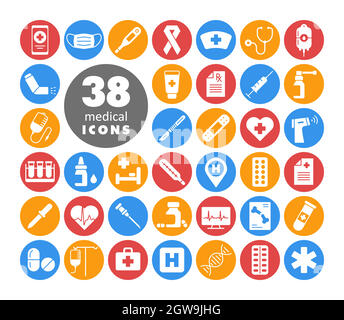 Medicine and healthcare, medical support white glyph icons set Stock Vector