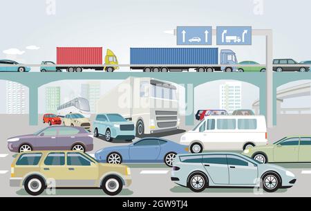 Traffic jam at the road intersection illustration Stock Vector