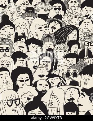 Crowd. Faces collection. People faces vector collage. Outline people. Face avatars. Men and women. Various haircuts. Cartoon style, simple flat design Stock Vector
