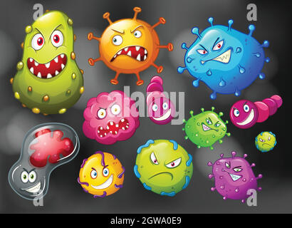 Bacteria and germs on black background Stock Vector