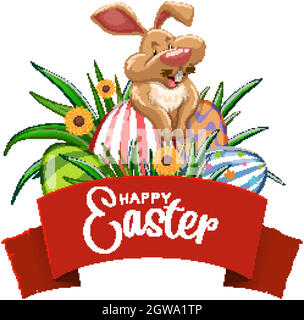 Poster design for easter with bunny and painted egg in garden Stock Vector