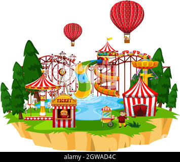 Themepark scene with many rides and happy children Stock Vector Image ...