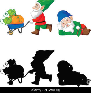 Gnome in color and silhouette in cartoon character on white background Stock Vector