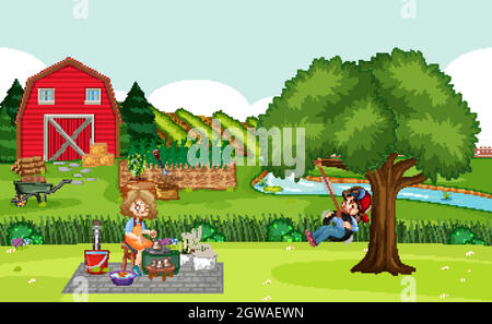 Happy family in farm scene with red barn in field landscape Stock Vector