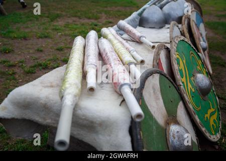 Reconstruction of the middle ages - slavic wooden shields Stock Photo