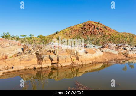 Jasper being reflected in the water at Chinaman's Pool, a popular picnic and swimming spot near Marble Bar, Pilbara, Western Australia, Australia Stock Photo