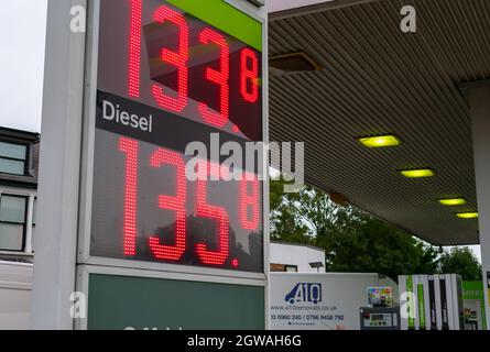 London. UK. 02.10.2021. Fuel price display in a petrol forecourt with the cost hitting a five year high due to high global demand for fuel. Stock Photo