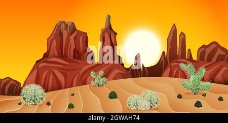 Desert with rock mountains and cactus landscape at sunset scene Stock Vector