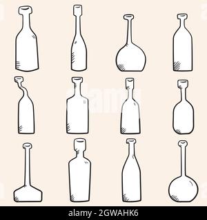 Hand Drawn Bottles. Potion vials, old medicine, unique apothecary flasks, vintage wine bottles. Black and White. Stock Vector