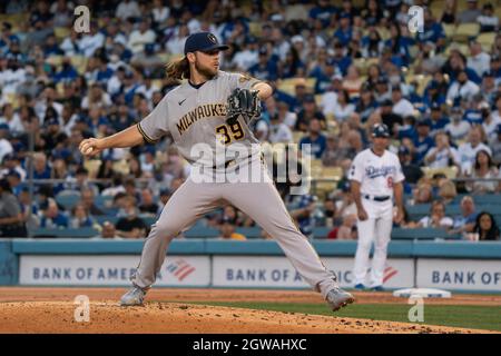 Milwaukee Brewers starting pitcher Corbin Burnes (39) throws during a MLB game against the Los Angeles Dodgers, Saturday, Oct. 2, 2021, in Los Angeles Stock Photo