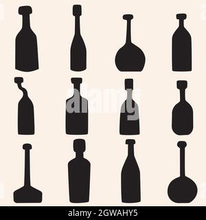 Hand Drawn Bottles. Potion vials, old medicine, unique apothecary flasks, vintage wine bottles. Black Silhouette. Stock Vector