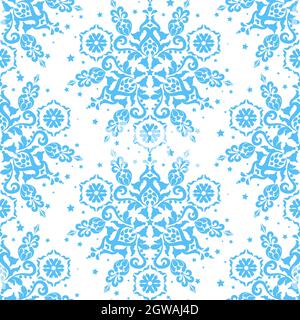 Blue ornament on white background seamless vector template. Blue and white color. For fabric, wallpaper, venetian pattern,textile, packaging. Stock Vector