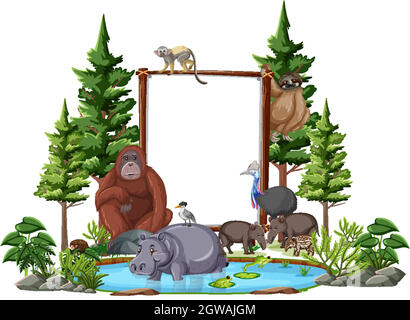 Empty banner with wild animals and rainforest trees on white background Stock Vector