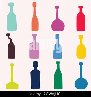 Hand Drawn Bottles. Potion vials, old medicine, unique apothecary flasks, vintage wine bottles. Colored Silhouette. Stock Vector