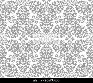 Silver Stylish Damask Seamless Vector Pattern. Silver, gray and white color. For fabric, wallpaper, venetian pattern,textile, packaging. Stock Vector