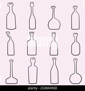 Hand Drawn Bottles. Potion vials, old medicine, unique apothecary flasks, vintage wine bottles. Black Outline. Stock Vector